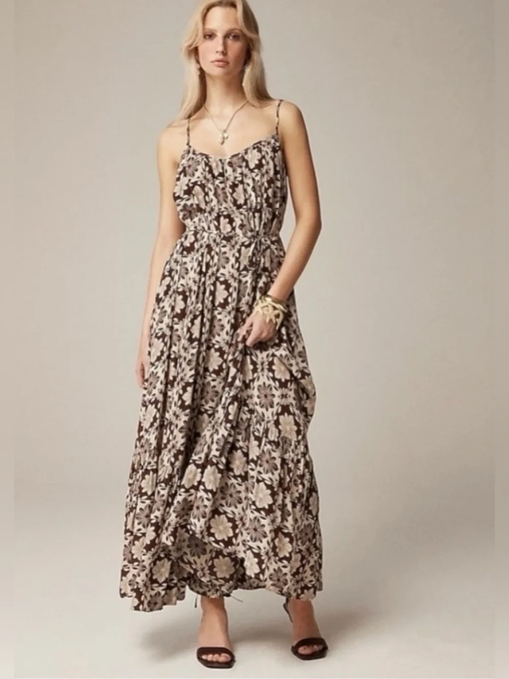 J. CREW Caspia Maxi Dress Floral Crepe de Chine Brown Size S
